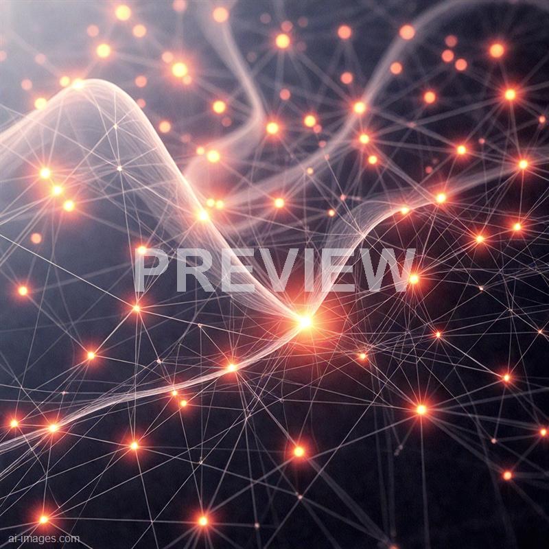 The image features a complex network of interconnected points of light, resembling stars or nodes, connected by thin lines that form a web-like structure. Some of the points emit a bright, warm glow, creating a sense of depth and movement across the dark background, with flowing, wave-like patterns suggested by the arrangement of the lines and glowing nodes. The overall impression is of a dynamic, digital or cosmic network, emphasizing connectivity and energy flow.